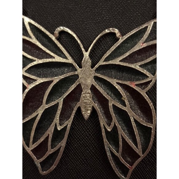 Silver Butterfly Suncatcher Necklace With Red & Green Stained Glass Design On Ch - Picture 4 of 12